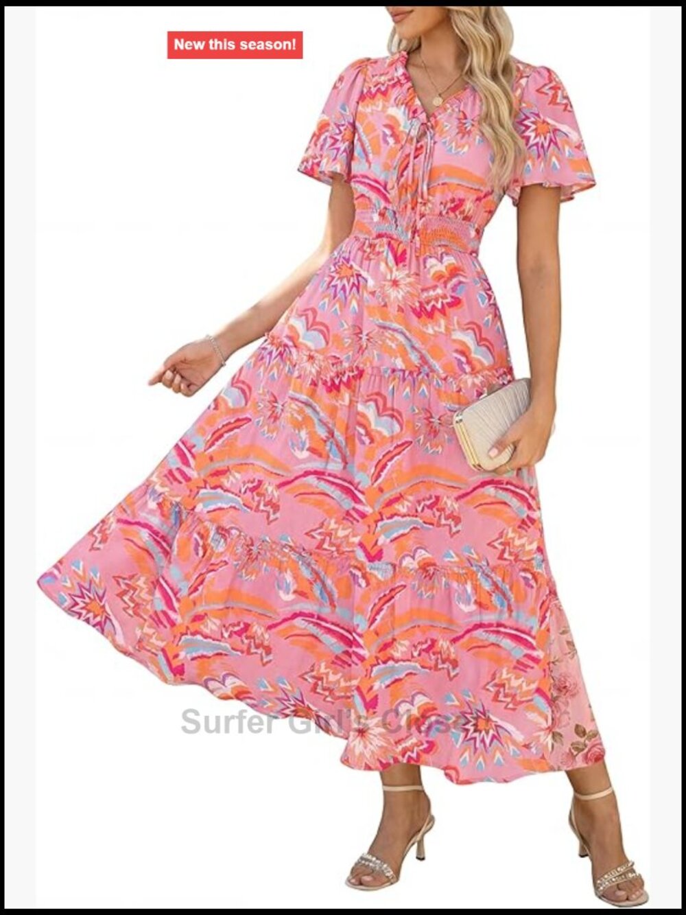 Floral Maxi Dress V-Neck Smocked Waist Short Sleeve with Pockets - Picture 1 of 7